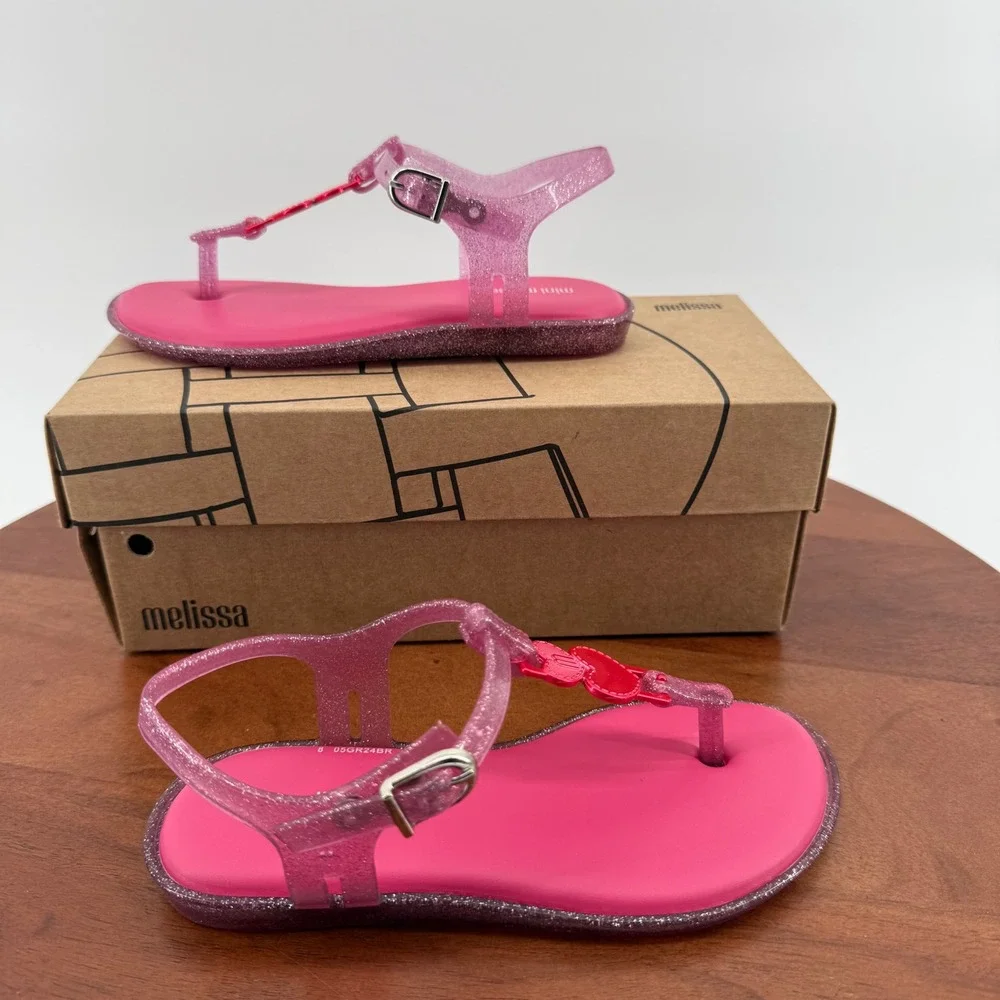 Mini Melissa Solar‎ Scented Glitter Pink Heart T-Strap Jelly Sandals Kids USA 12
